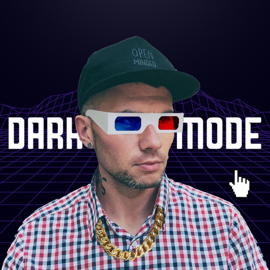 strony dark mode - człowiek z okularami 3d