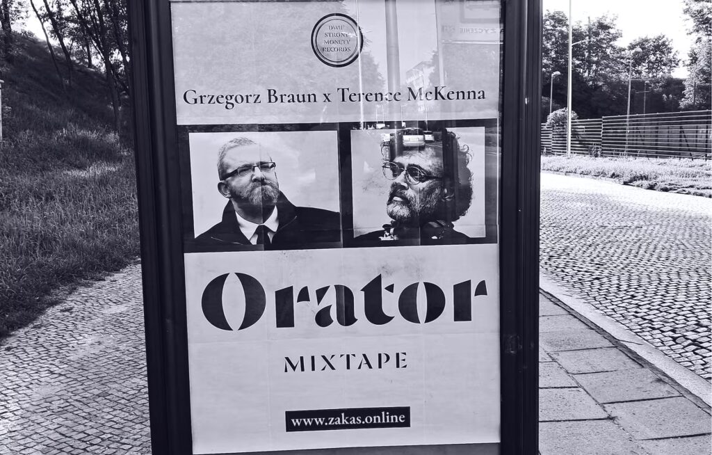 plakat ze zdjęciem grzegorza brauna i terrence mckenna i podpis: orator mixtape. Wizerunek monety z napisem: dwie strony monety records